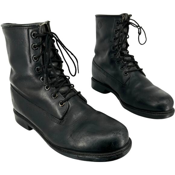 Vintage 70s 80s Black Men's 9M Herman Survivors Leather Combat Logger Boots - Picture 1 of 9